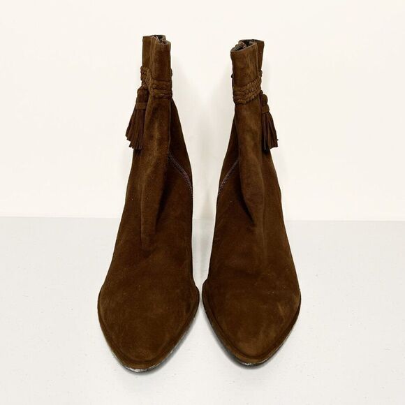 Stuart Weitzman Tazzie Brown Suede Tasseled Block Heel Ankle Boots - Picture 3 of 8